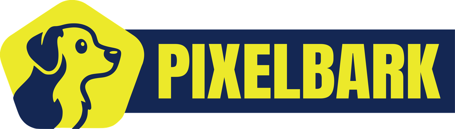 Pixelbark logo: a dog's profile in a yellow pentagon beside the Pixelbark wordmark